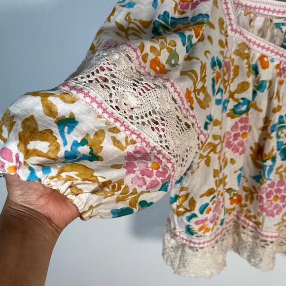 Christian Siriano Linen Boho Floral Peasant Blouse XL Embroidered & Puff Sleeves - Picture 5 of 8